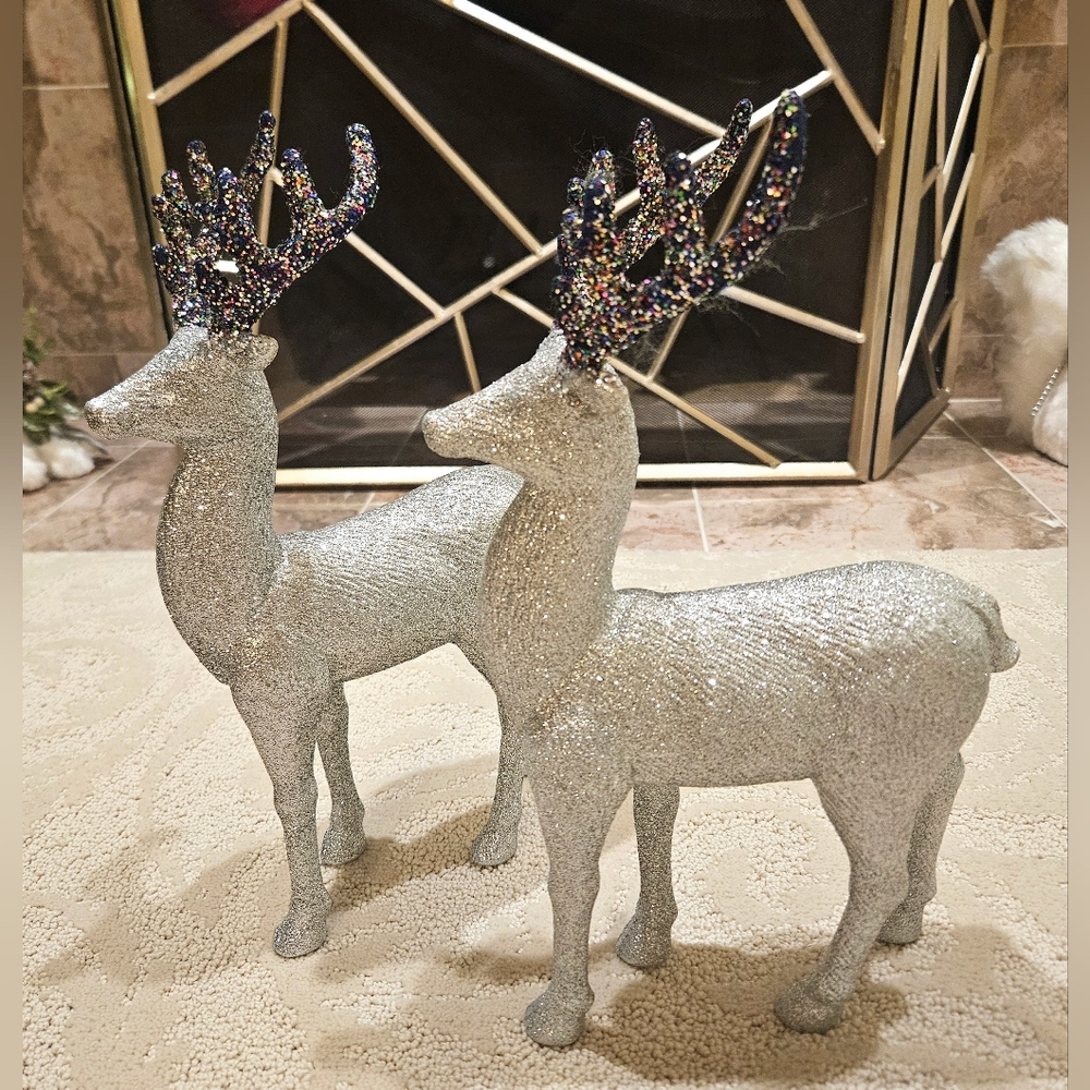A Pair of Silver Sparkly Reindeer Christmas Decor Tabletop